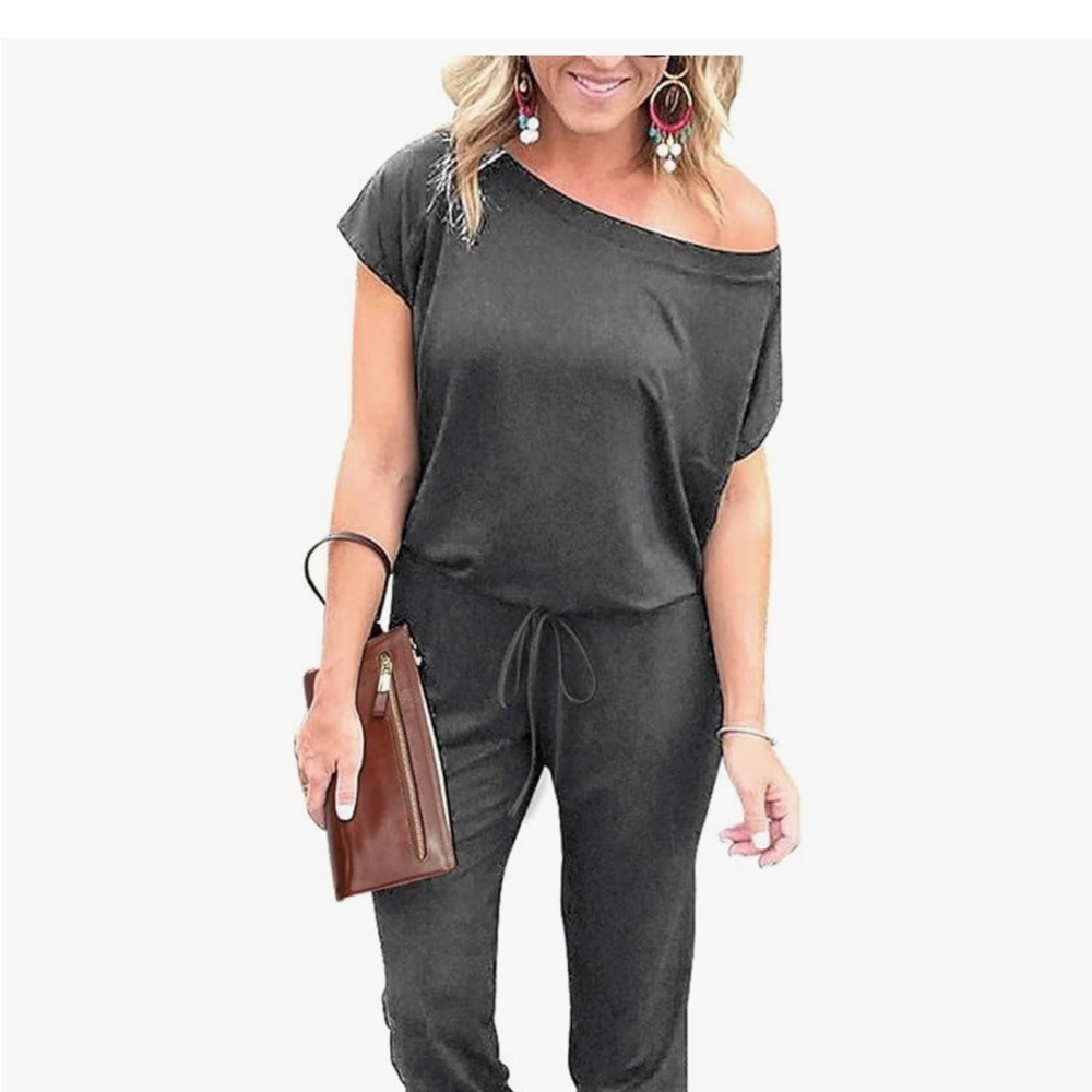 Gray Off-Shoulder Jumpsuit with Tapered Legs